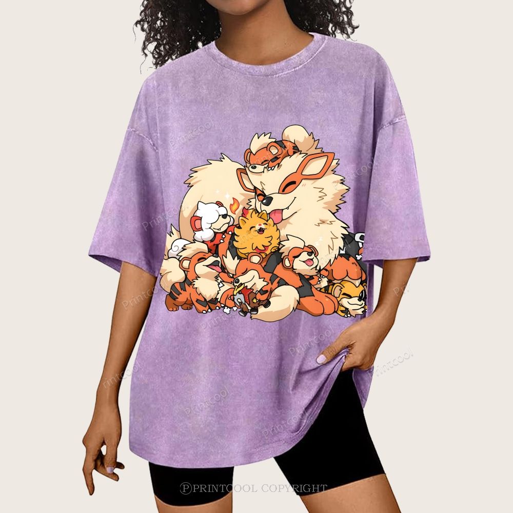 Cute Fluffy Fire Puppies Cartoon Unisex Vintage Washed Tee