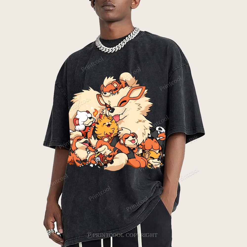 Cute Fluffy Fire Puppies Cartoon Unisex Vintage Washed Tee