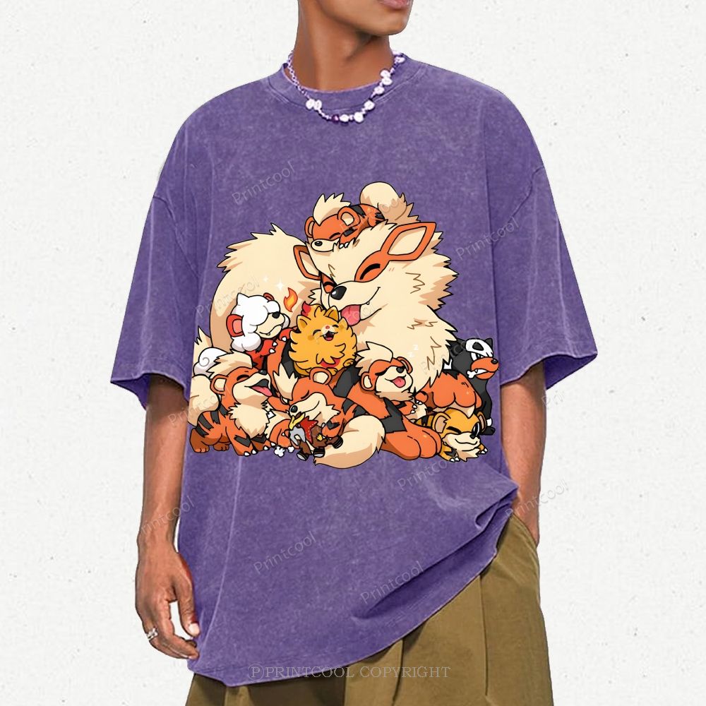 Cute Fluffy Fire Puppies Cartoon Unisex Vintage Washed Tee