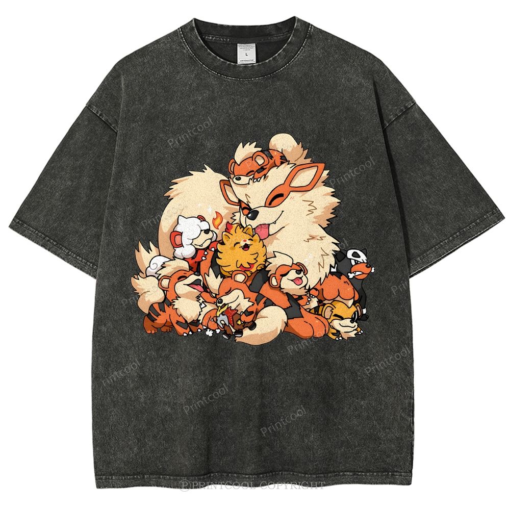 Cute Fluffy Fire Puppies Cartoon Unisex Vintage Washed Tee