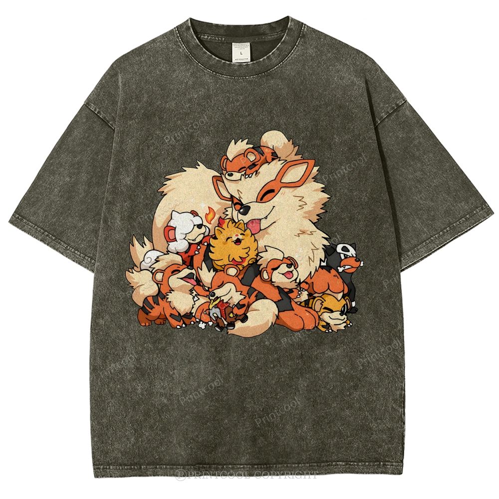 Cute Fluffy Fire Puppies Cartoon Unisex Vintage Washed Tee