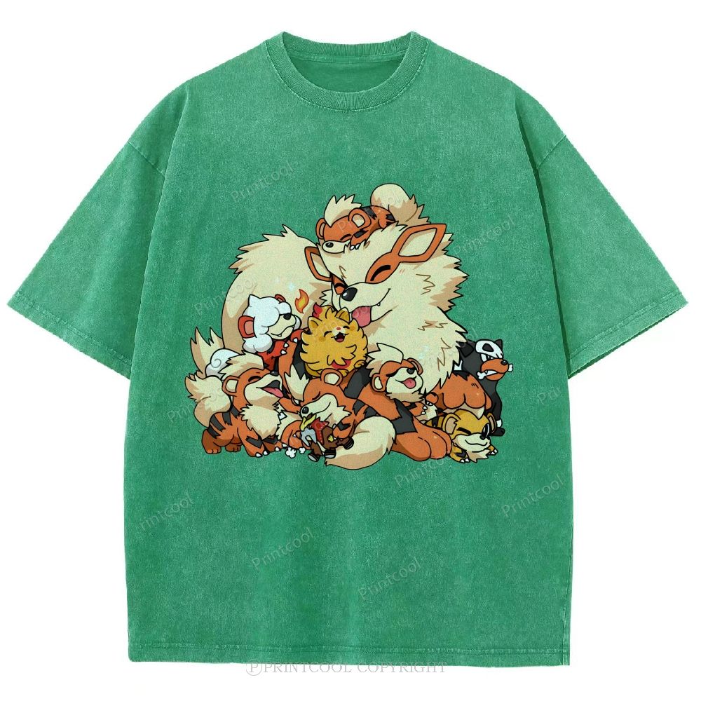 Cute Fluffy Fire Puppies Cartoon Unisex Vintage Washed Tee
