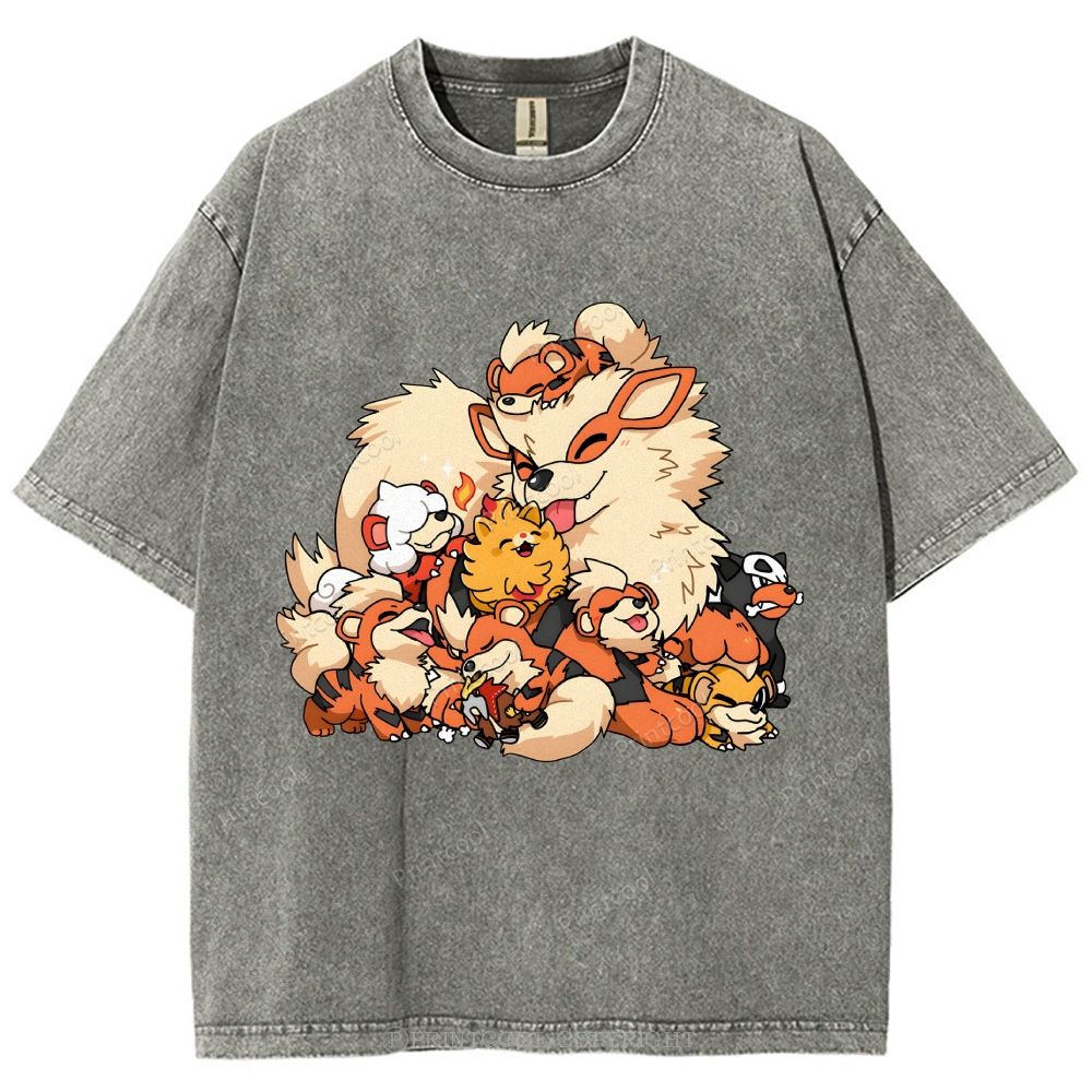 Cute Fluffy Fire Puppies Cartoon Unisex Vintage Washed Tee
