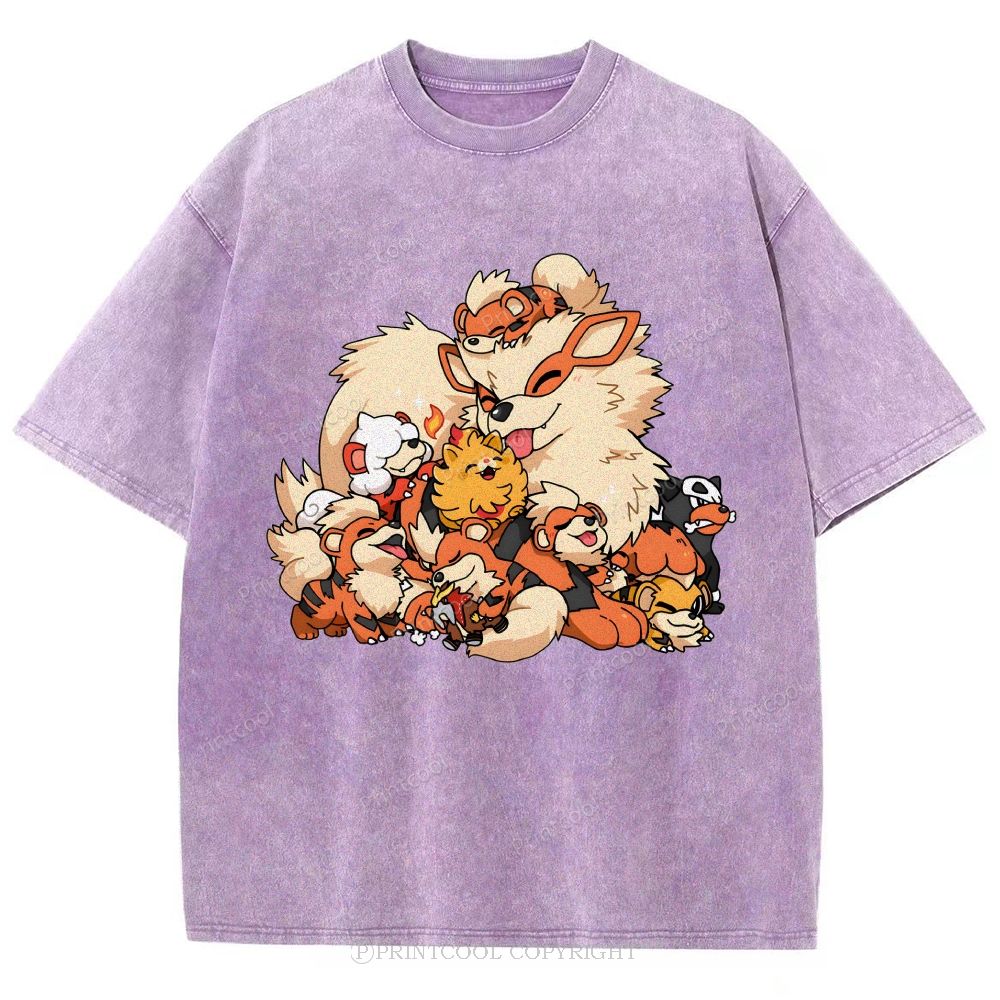 Cute Fluffy Fire Puppies Cartoon Unisex Vintage Washed Tee