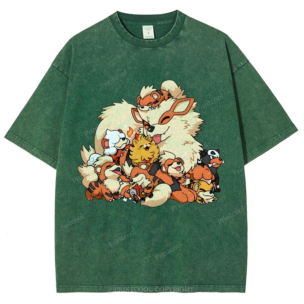 Cute Fluffy Fire Puppies Cartoon Unisex Vintage Washed Tee