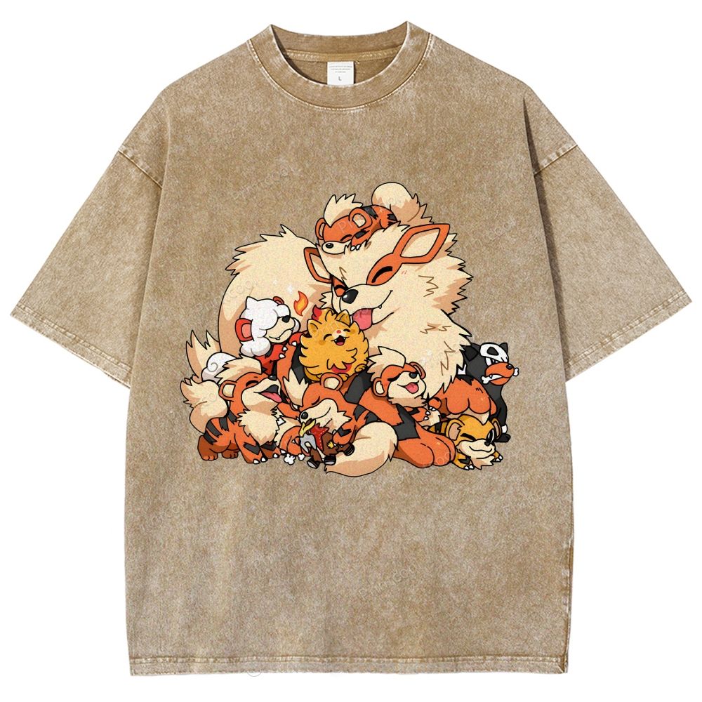 Cute Fluffy Fire Puppies Cartoon Unisex Vintage Washed Tee