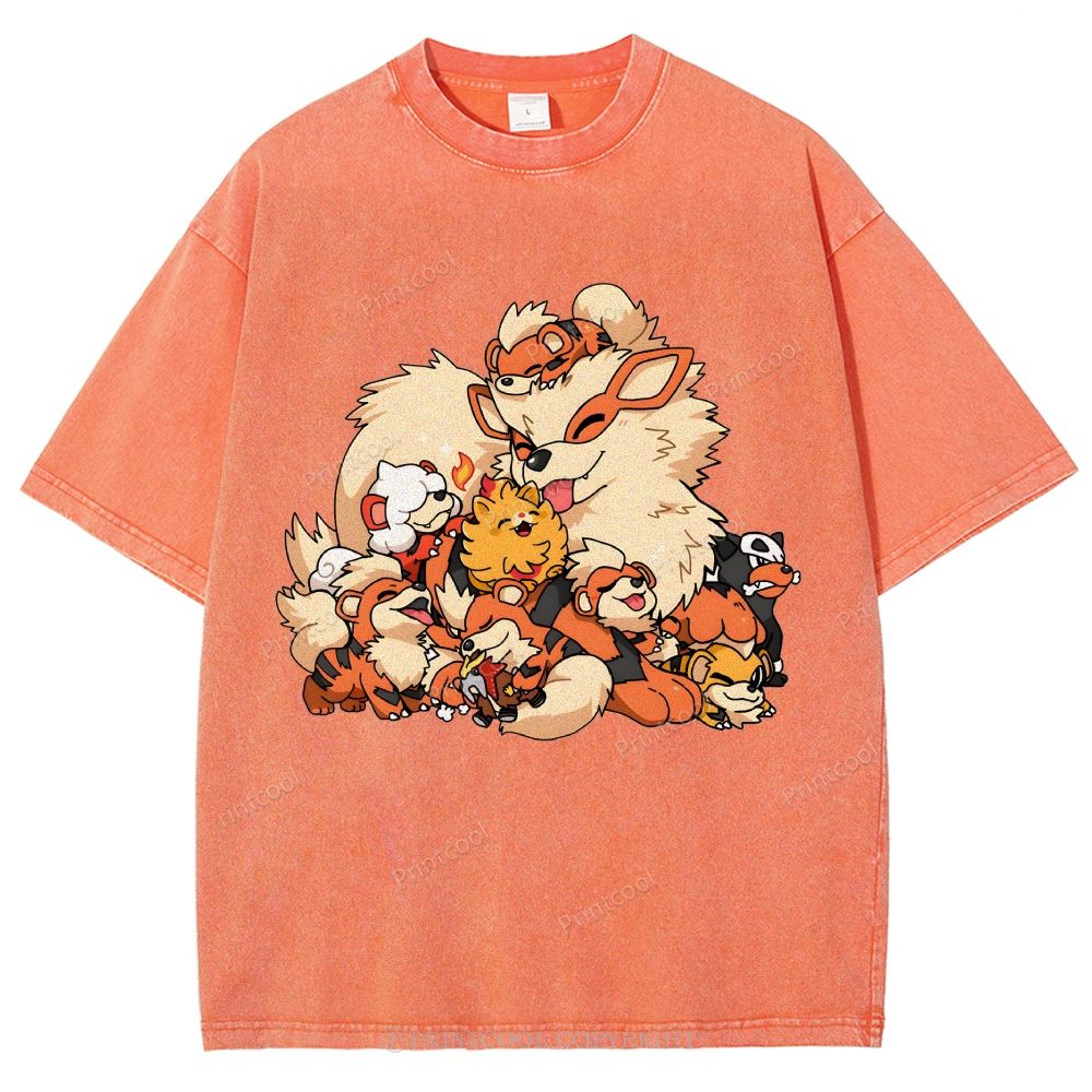 Cute Fluffy Fire Puppies Cartoon Unisex Vintage Washed Tee
