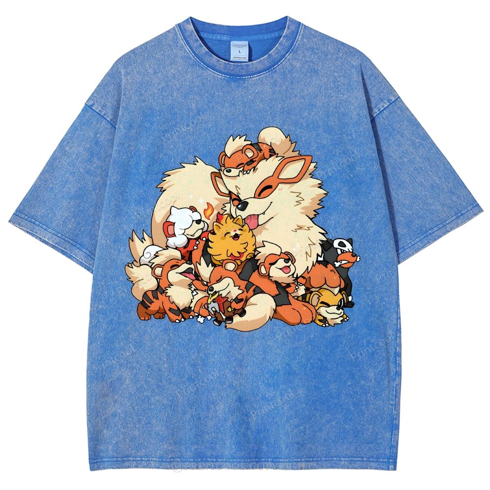 Cute Fluffy Fire Puppies Cartoon Unisex Vintage Washed Tee