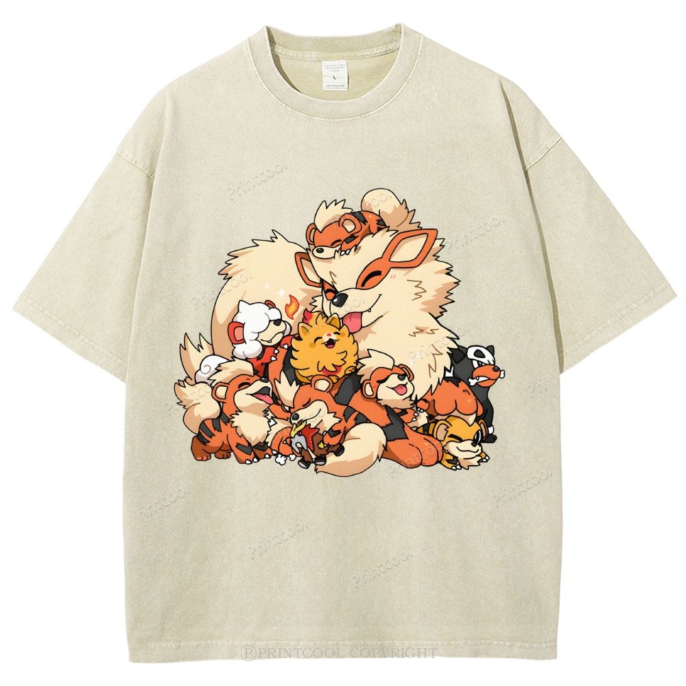 Cute Fluffy Fire Puppies Cartoon Unisex Vintage Washed Tee
