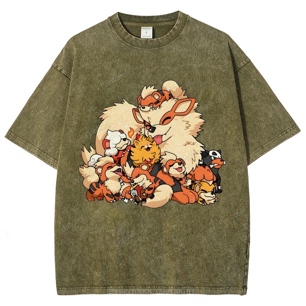 Cute Fluffy Fire Puppies Cartoon Unisex Vintage Washed Tee
