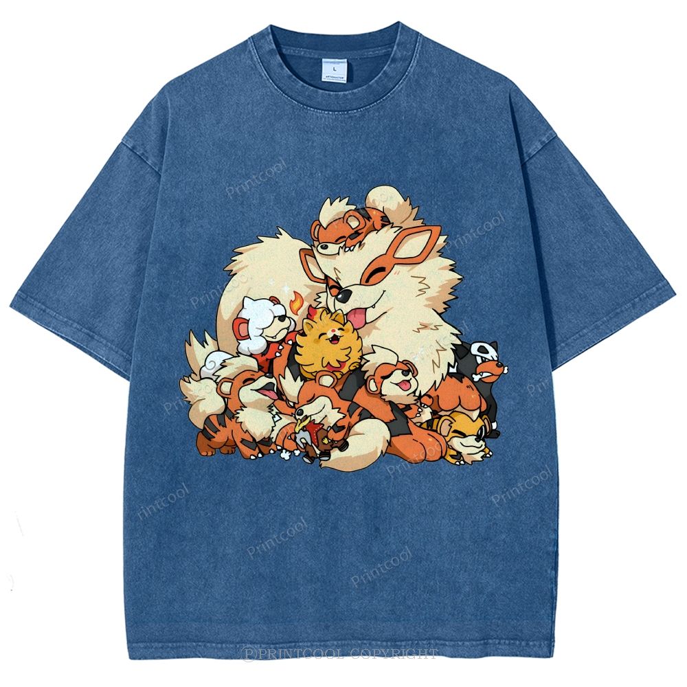 Cute Fluffy Fire Puppies Cartoon Unisex Vintage Washed Tee