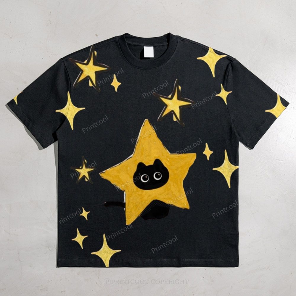 Starry Cat Illustration All-over print pure cotton t-shirt