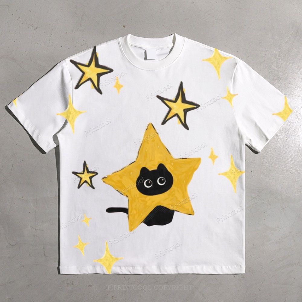 Starry Cat Illustration All-over print pure cotton t-shirt