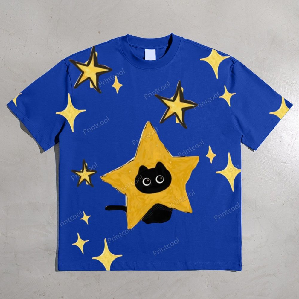 Starry Cat Illustration All-over print pure cotton t-shirt
