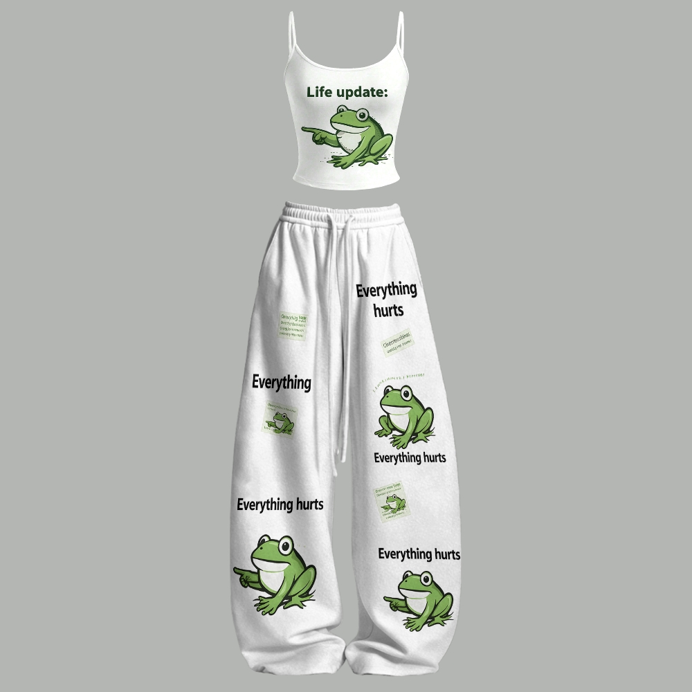 Cute Aesthetic Sad Frog Y2K Top & Elasticated Trousers Two-Piece Set 