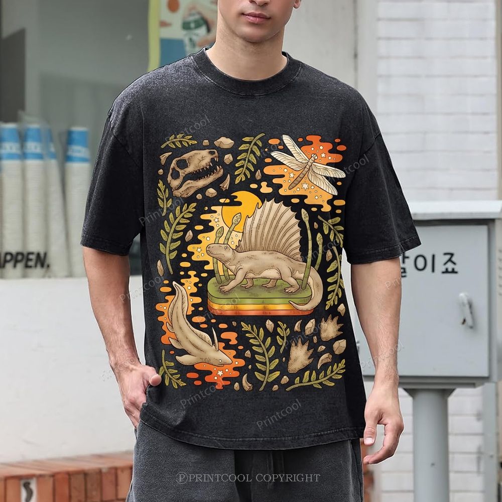 Dance In Cool Letters Vintage Prehistoric Dimetrodon Dinosaur Unisex Vintage Washed Tee ...