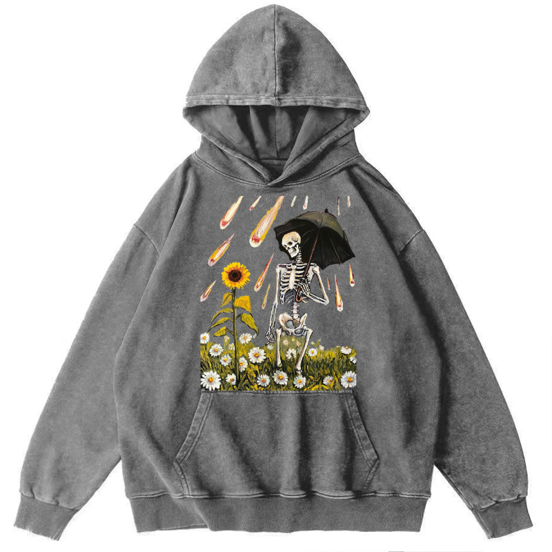 Skull Sunflower Raining Unisex Printed Casual Washed Hoodie Sweatshirt
