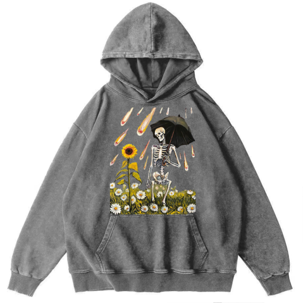 Skull Sunflower Raining Unisex Printed Casual Washed Hoodie Sweatshirt