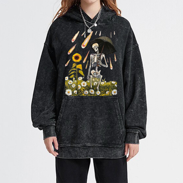 Skull Sunflower Raining Unisex Printed Casual Washed Hoodie Sweatshirt
