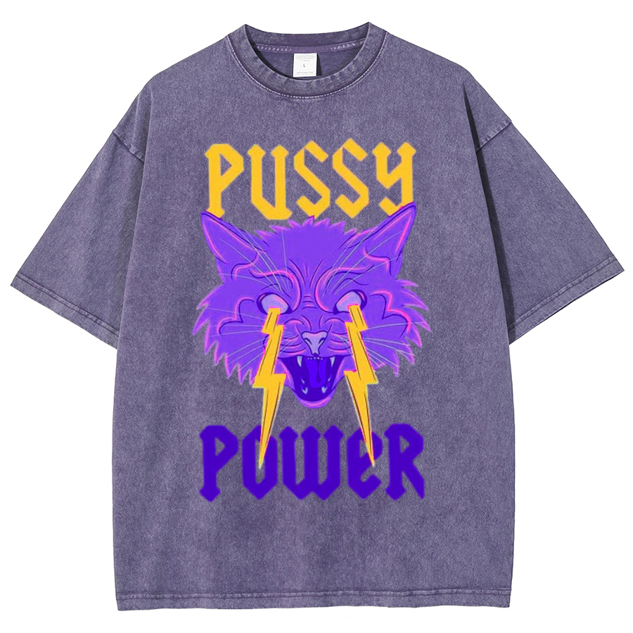 Pussy Power Unisex Oversized Print Vintage Wash Denim T-Shirt-Print-cool