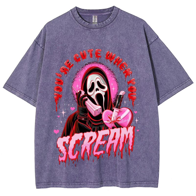 Cute Scream Unisex Vintage Solid Wash Denim T-Shirts
