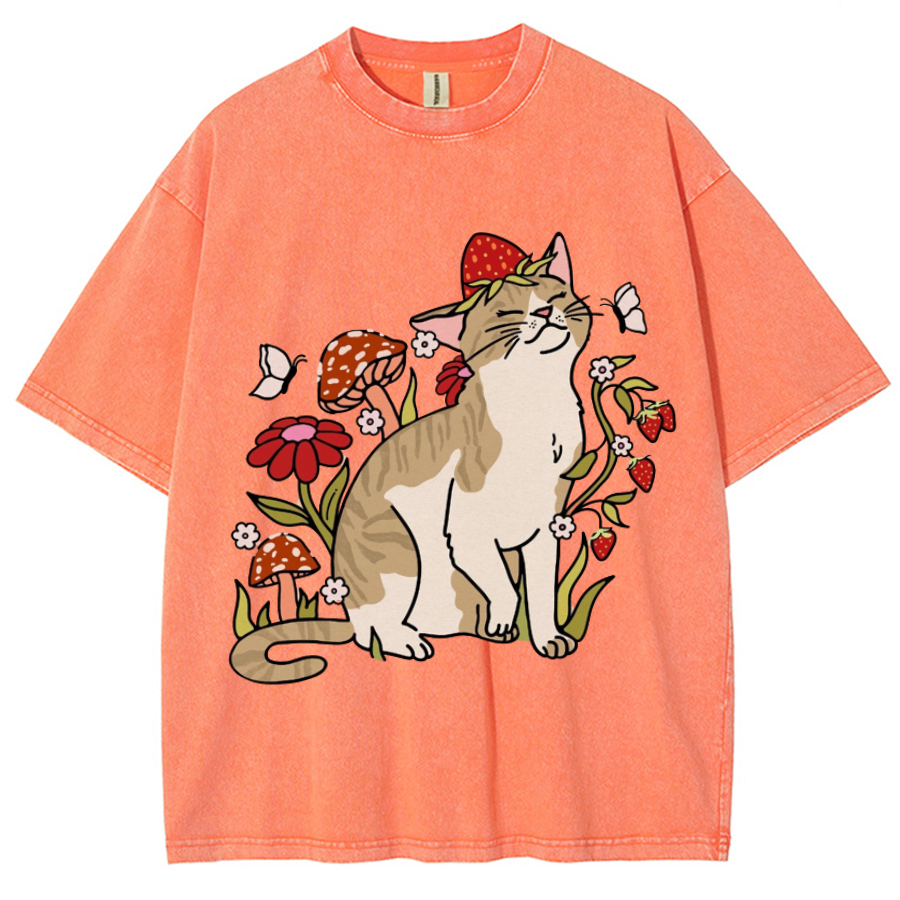 Cat And Plant Unisex Printed Retro Washed Short Sleeved T-Shirt-Print-cool