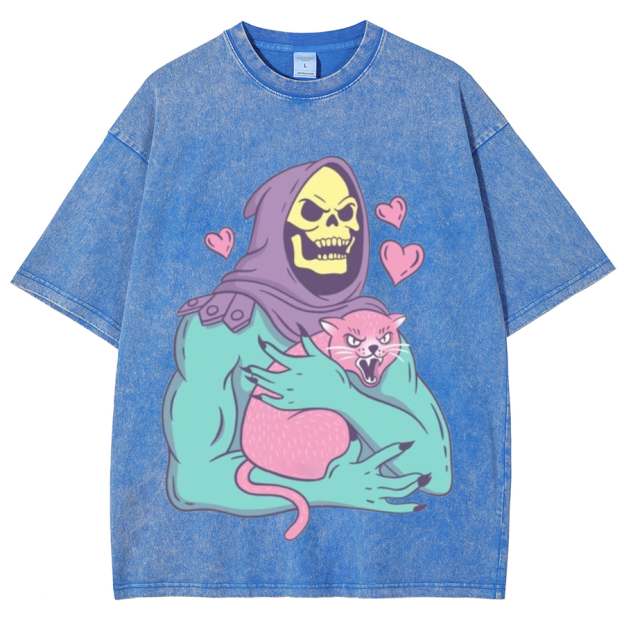 Funny Skull Cat Unisex Printed Retro Washed Short Sleeved T-Shirt