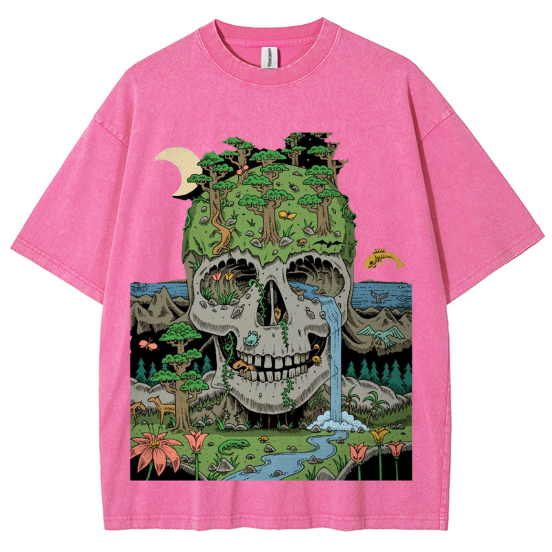 Skull Crying Unisex Vintage Solid Wash Denim T-Shirts-Print-cool