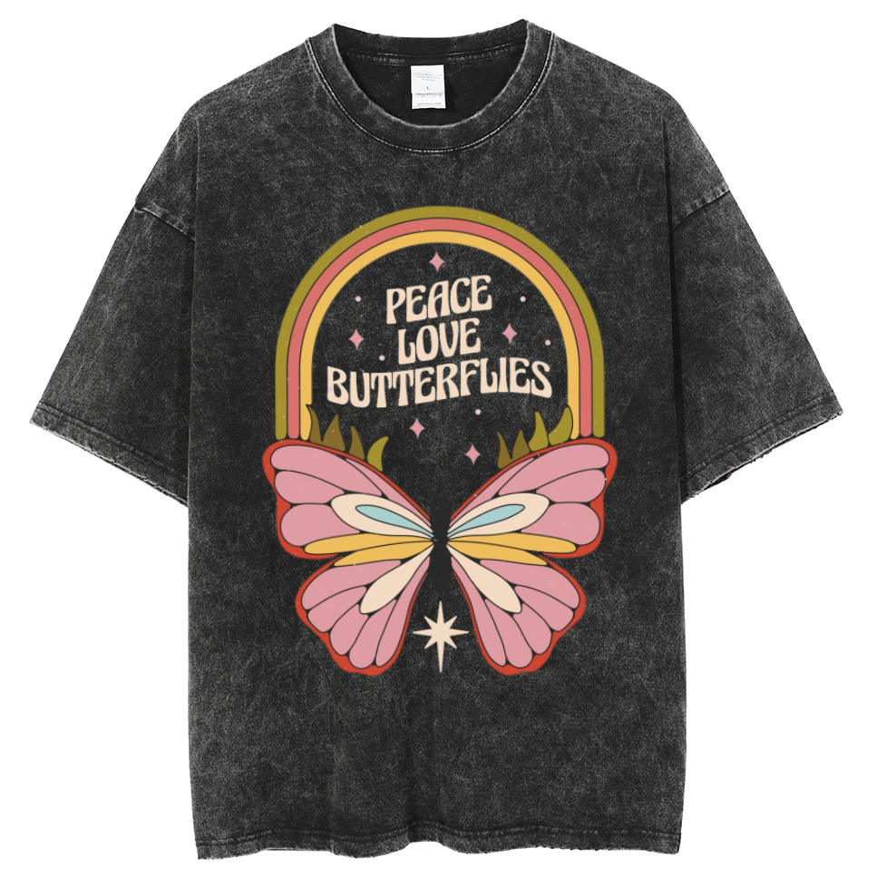 Peace Unisex Oversized Print Vintage Wash Denim T-Shirt