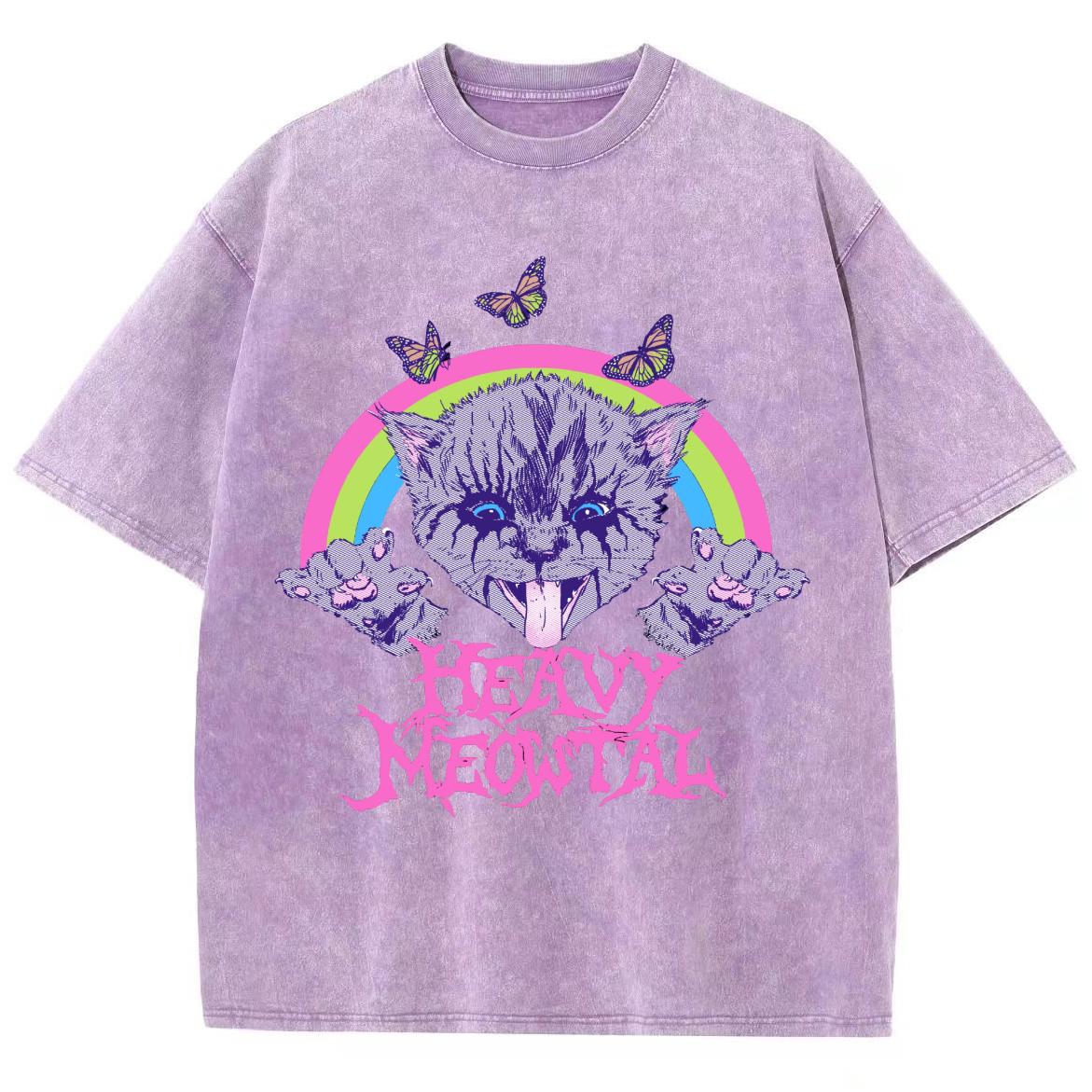 Heavy Meowtal Unisex Printed Retro Washed Short Sleeved T-Shirt-Print-cool