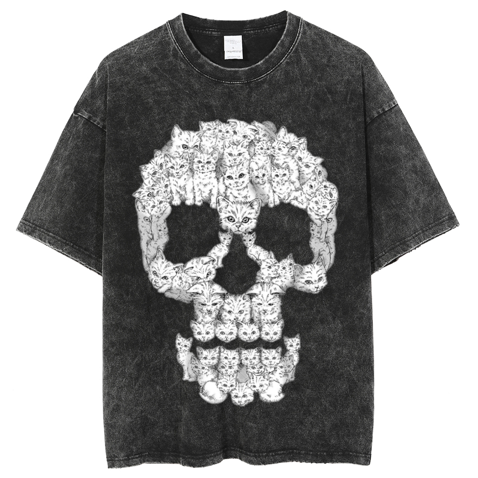 Kitty Skull Unisex Oversized Print Vintage Wash Denim T-Shirt