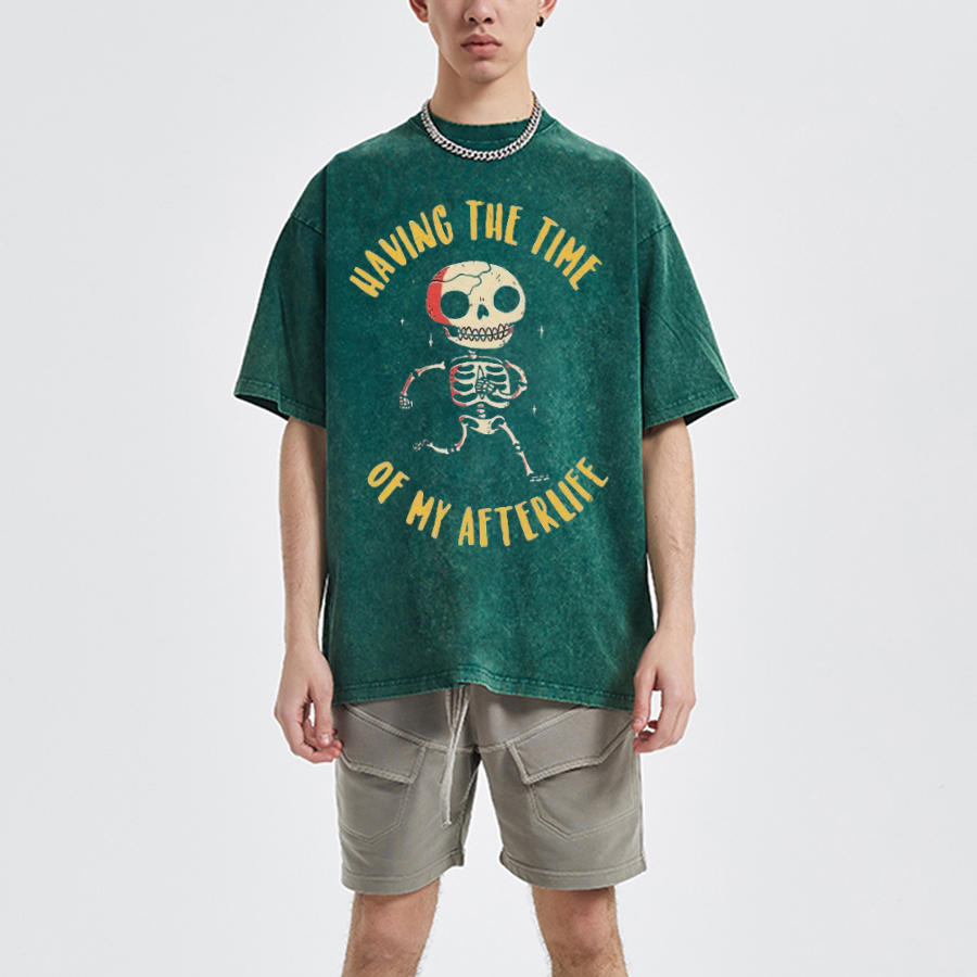 Having The Time Unisex Oversized Print Vintage Wash Denim T-Shirt
