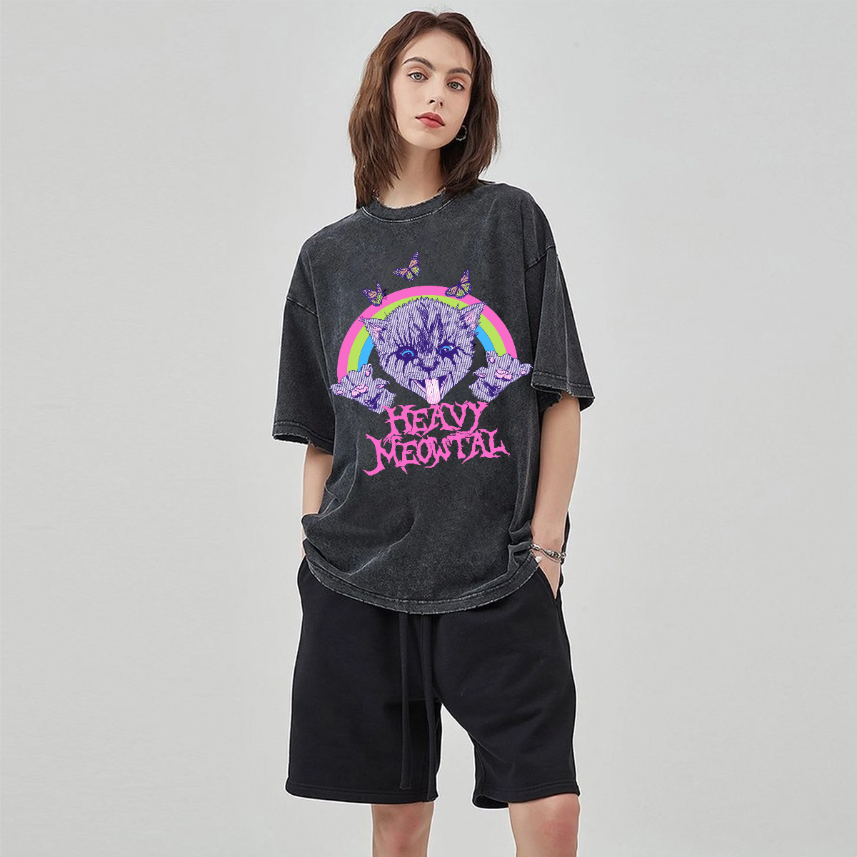Heavy Meowtal Unisex Printed Retro Washed Short Sleeved T-Shirt-Print-cool