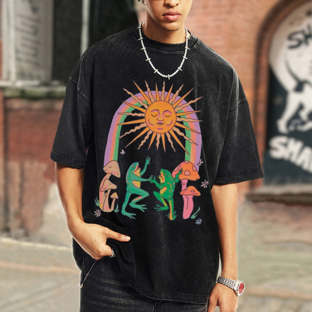 Funny Frog Unisex Oversized Print Vintage Wash Denim T-Shirt