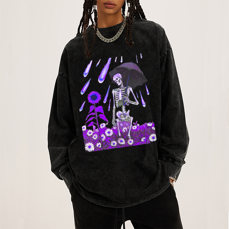 Sunflower Skull Unisex Casual Washed Printed Round Neck Long Sleeve T-shirt