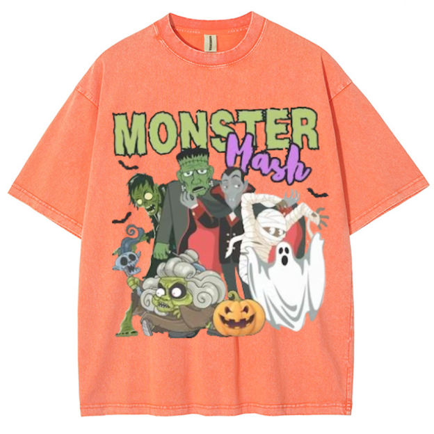 Monster Mash Unisex Printed Retro Washed Short Sleeved T-Shirt