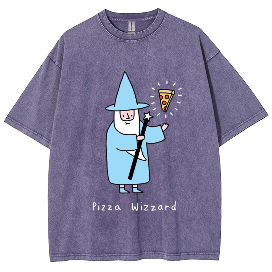 Pizza Wizzard Unisex Printed Retro Washed Short Sleeved T-Shirt-Print-cool