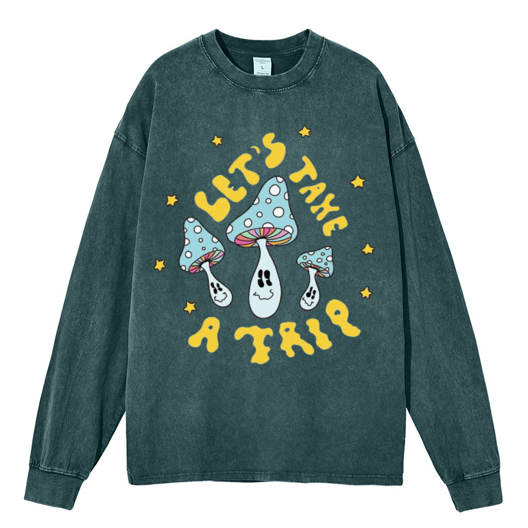 Lets Take A Trip Unisex Casual Washed Printed Round Neck Long Sleeve T-shirt