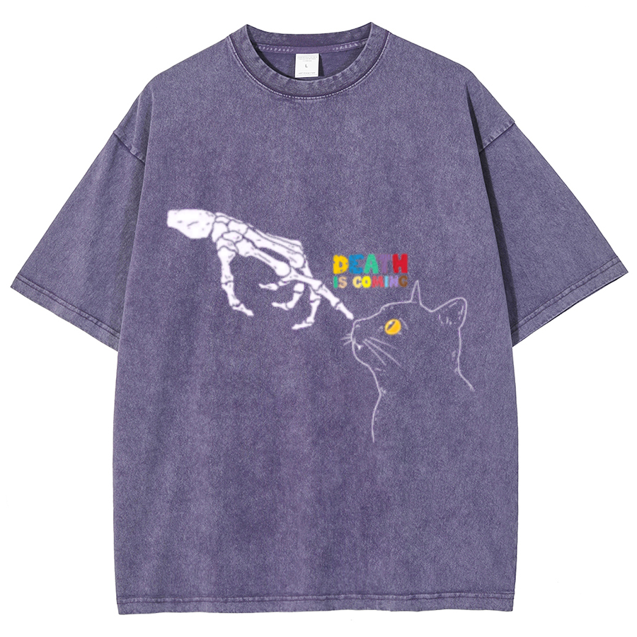 Death Is Coming Unisex Oversized Print Vintage Wash Denim T-Shirt-Print-cool