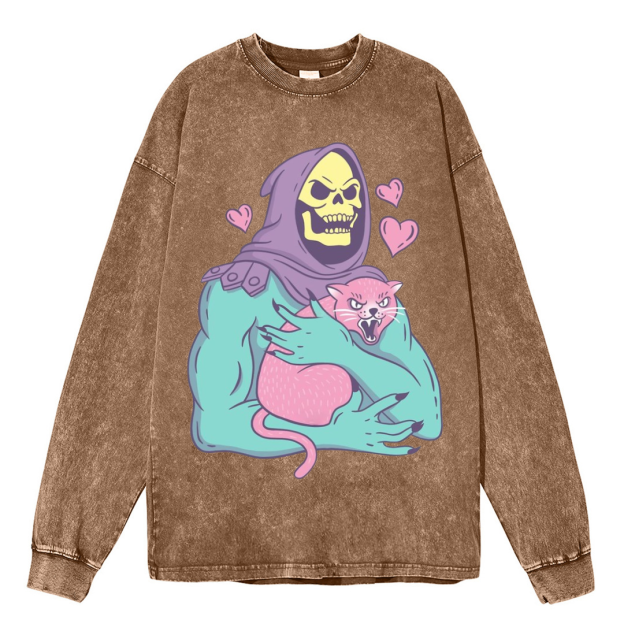 Funny Skull Cat Unisex Casual Washed Printed Long Sleeve T-shirt