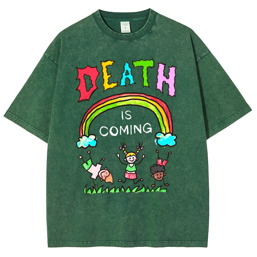 Death Is Coming Unisex Oversized Print Vintage Wash Denim T-Shirt