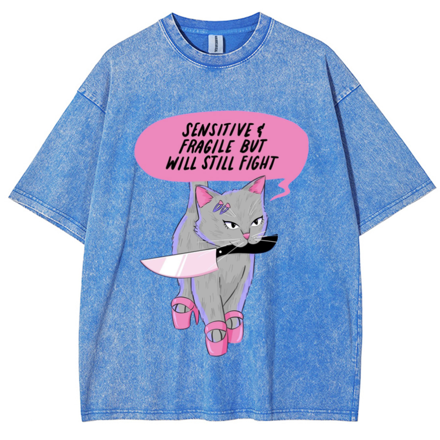 Sensitive Cat Unisex Printed Retro Washed Short Sleeved T-Shirt-Print-cool