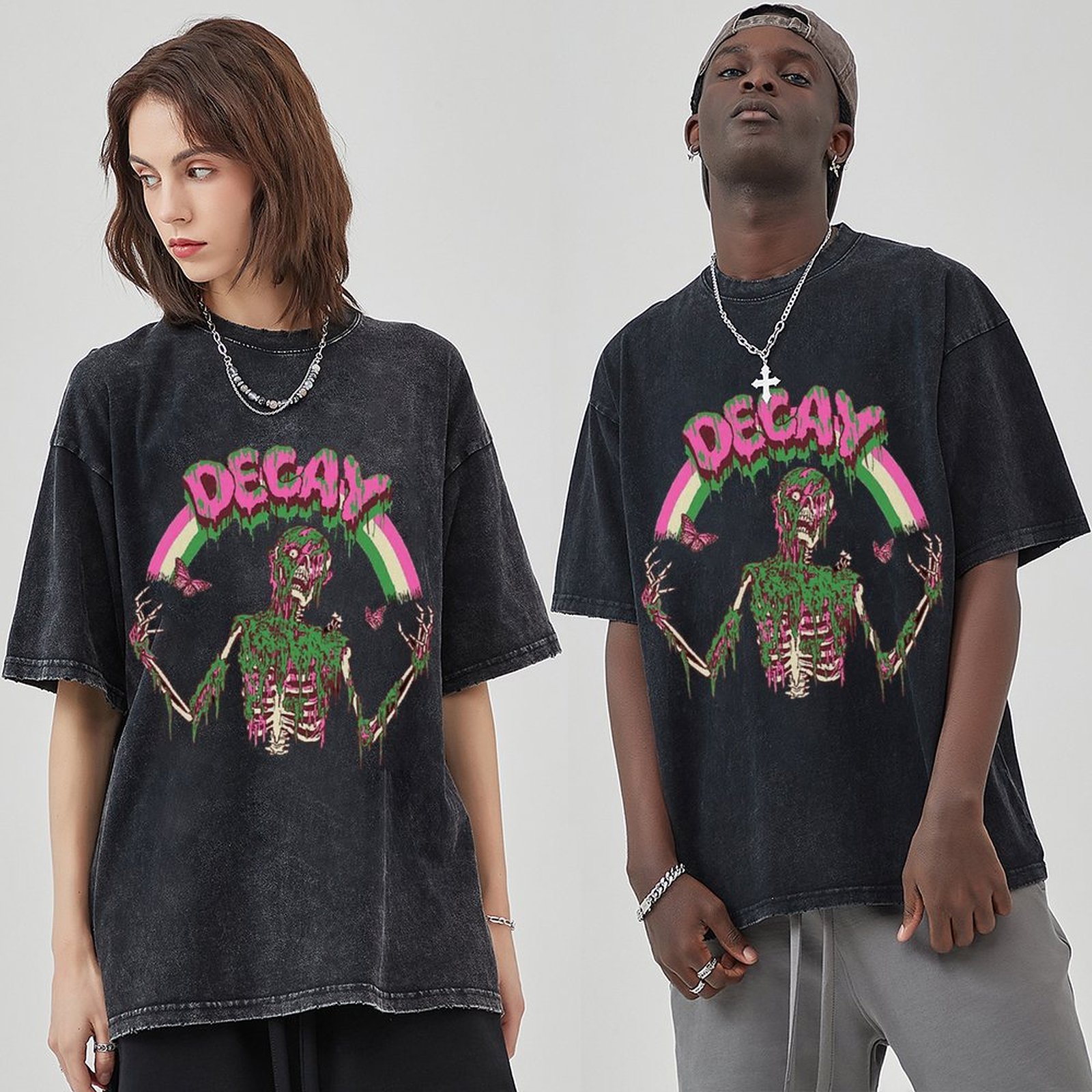 Decay Unisex Vintage Solid Wash Denim T-Shirts-Print-cool
