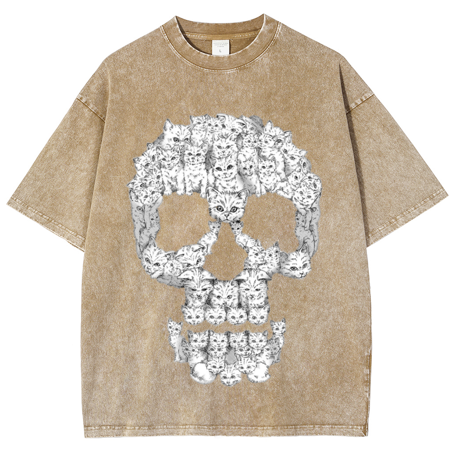 Kitty Skull Unisex Oversized Print Vintage Wash Denim T-Shirt