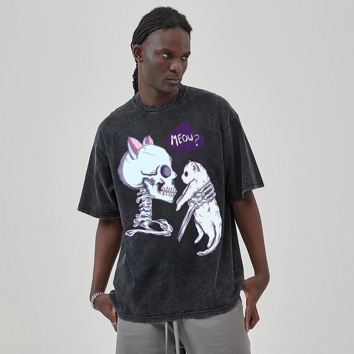 Funny Skull Cat Unisex Vintage Solid Wash Denim T-Shirts-Print-cool