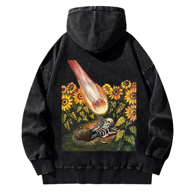 Unisex Casual Washed Sunflower Skull Illustration Printed Hoodie Sweatshirt