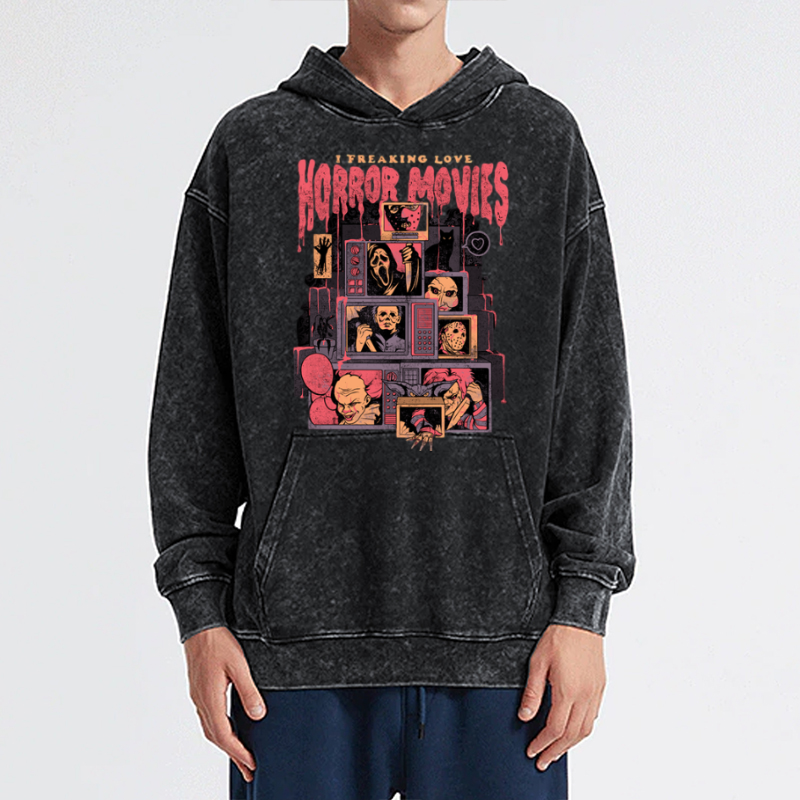 I Freaking Love Horror Movies Unisex Printed Casual Washed Hoodie Sweatshirt-Print-cool