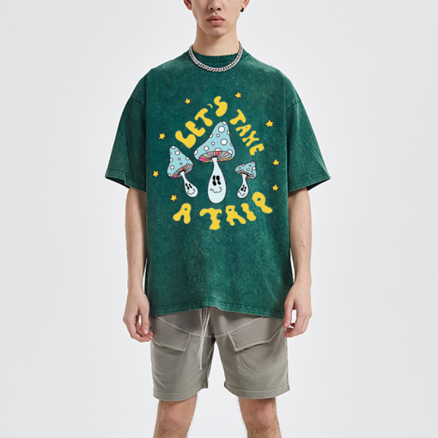 Lets Take A Trip Unisex Oversized Print Vintage Wash Denim T-Shirt