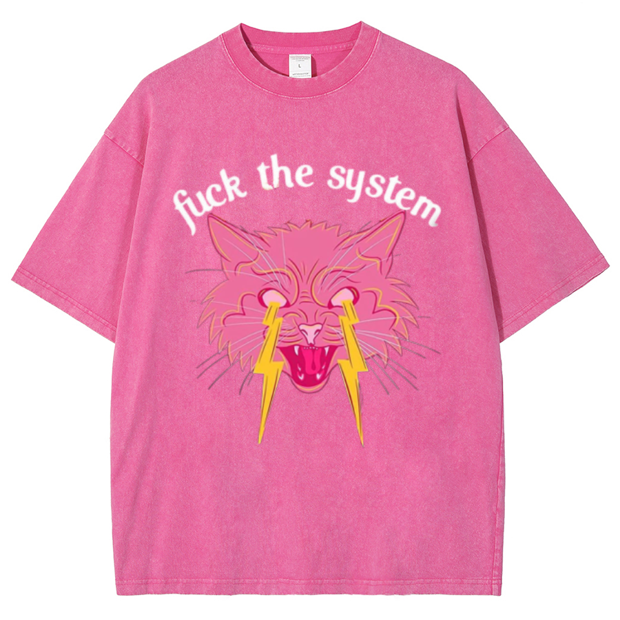 Fuck The System Unisex Oversized Print Vintage Wash Denim T-Shirt-Print-cool