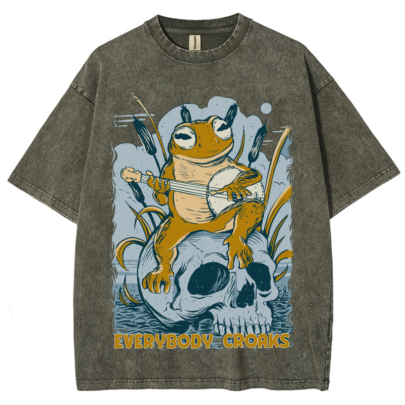 Rock Frog Skull Unisex Vintage Wash Denim T-Shirts-Print-cool